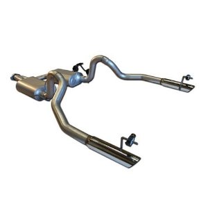 99-04 Ford Mustang  LX  3.8L/3.9L V6  Incl. Flanged Y-Pipe  Hardware  2.50in Outlets  Super 40 Series Mufflers  Logo Embossed Stainless Tips  Force II  DOR  Mandrel Bent Tubing 16 Gauge Aluminized Steel