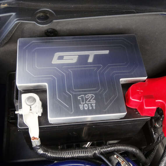 UPR MUSTANG 5.0L BILLET FACTORY BATTERY COVER WITH GT LOGO (POLISHED) - Image 2