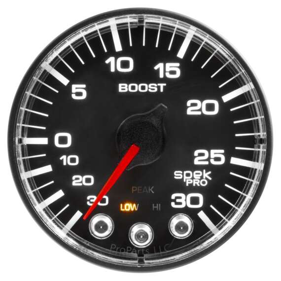 2-1/16" BOOST/VACUUM, 30 IN HG/30 PSI, STEPPER MOTOR, SPEK-PRO, BLACK DIAL, BLACK BEZEL, FLAT ANTIGLARE LENS