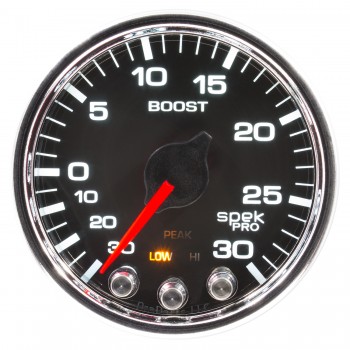 2-1/16" BOOST/VACUUM, 30 IN HG/30 PSI, STEPPER MOTOR, SPEK-PRO, BLACK DIAL, CHROME BEZEL, FLAT ANTIGLARE LENS