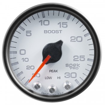 2-1/16" BOOST/VACUUM, 30 IN HG/30 PSI, STEPPER MOTOR, SPEK-PRO, WHITE DIAL, BLACK BEZEL, CLEAR LENS
