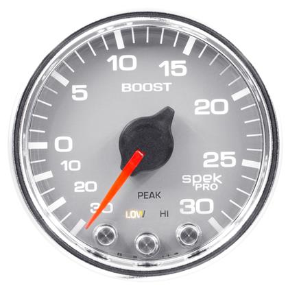 2-1/16" BOOST/VACUUM, 30 IN HG/30 PSI, STEPPER MOTOR, SPEK-PRO, SILVER DIAL, CHROME BEZEL, CLEAR LENS